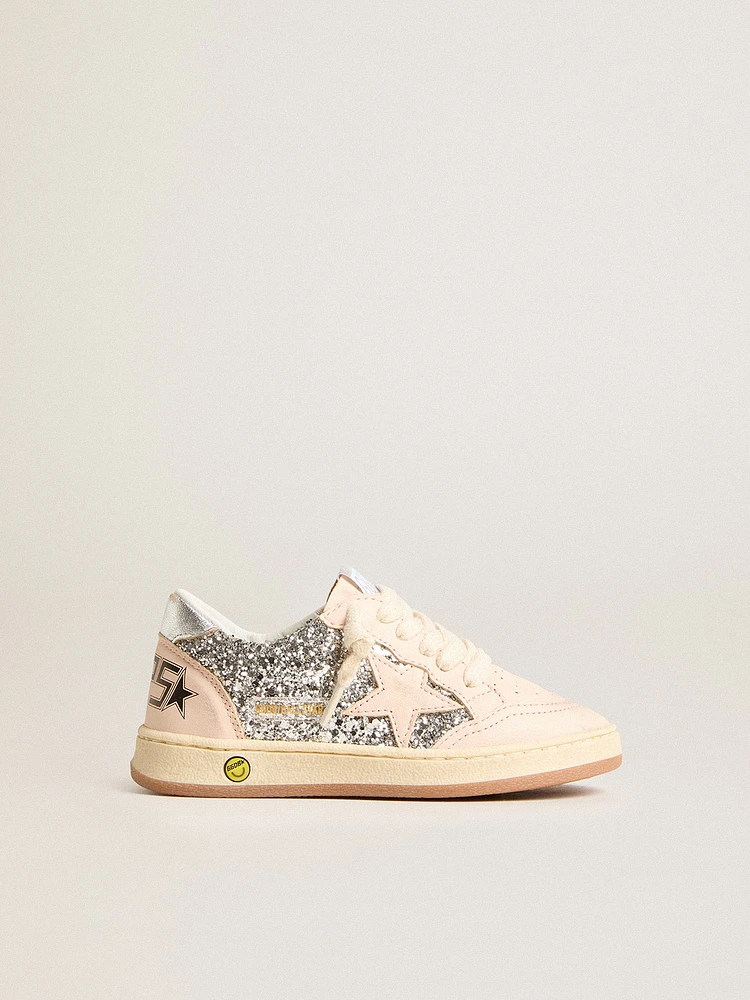 Young Ball Star in glitter with silver metallic leather heel tab