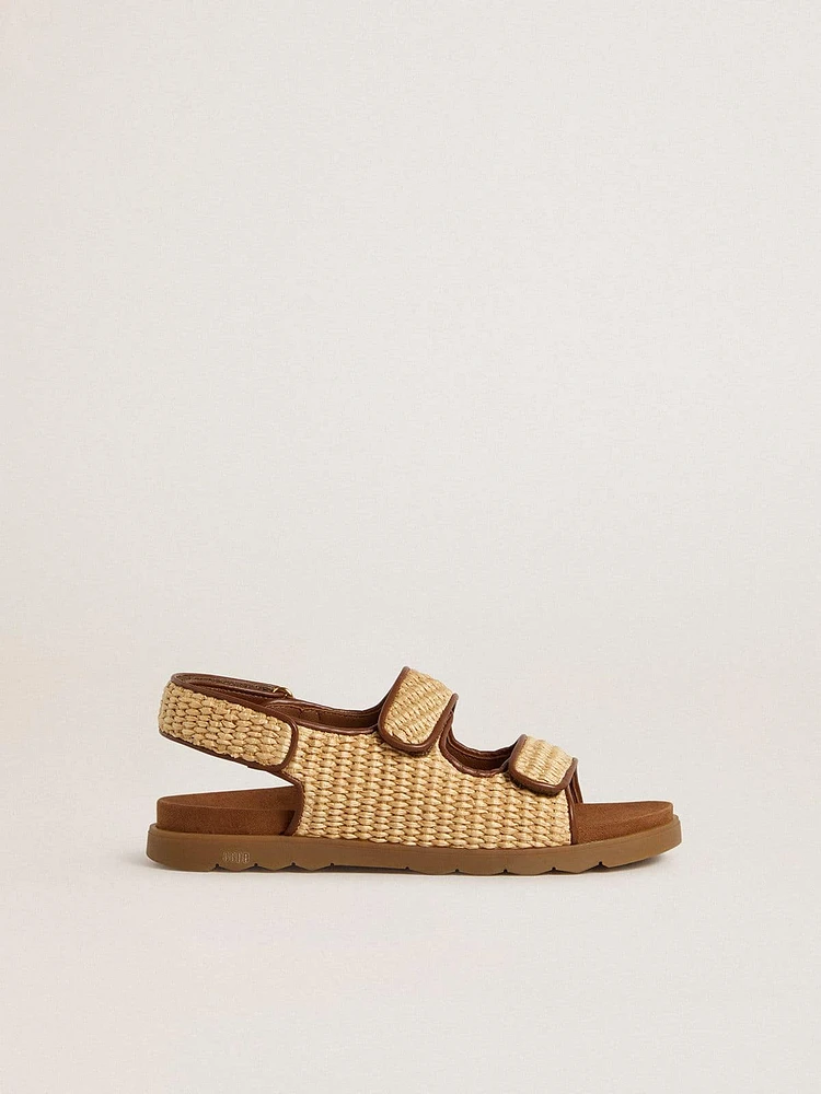 Young Noa sandals beige raffia and brown leather