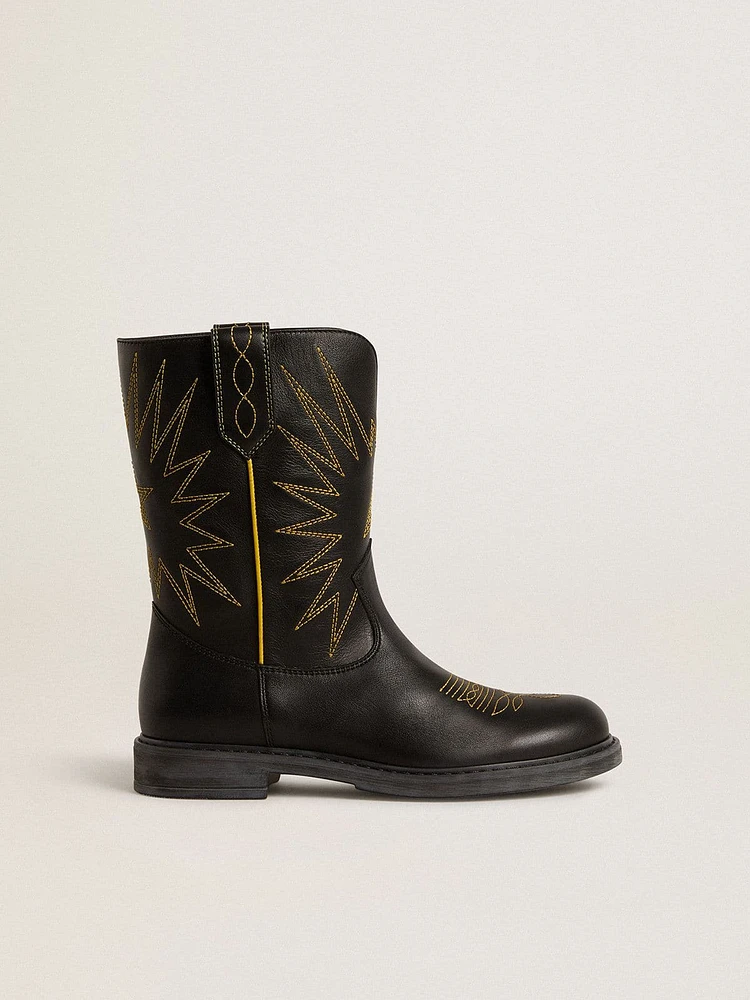 Wish Young boots black leather with yellow star embroidery