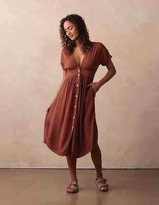 Deep V Button Thru Dress Clay