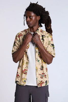 Arsenic Mens Allover Tattoo Print Button-Up - Sand /
