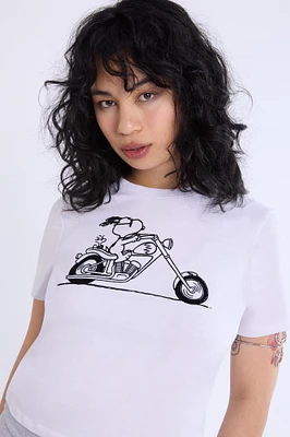 Womens Motorcycle Snoopy Graphic Baby Tee - White /