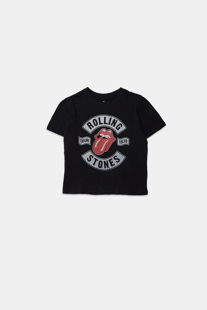 Womens Rolling Stones Glitter Baby Tee - Black /