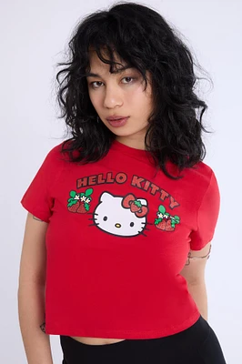 Womens Hello Kitty Glitter Baby Tee - Red /
