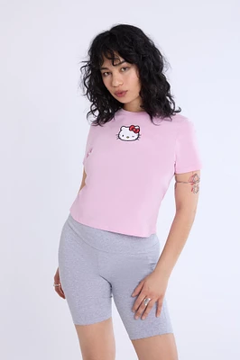 Womens Hello Kitty Embroidered Baby Tee - Light Pink /