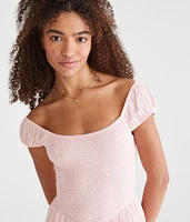 Floral Scoop-Neck Smocked V-Waist Mini Dress