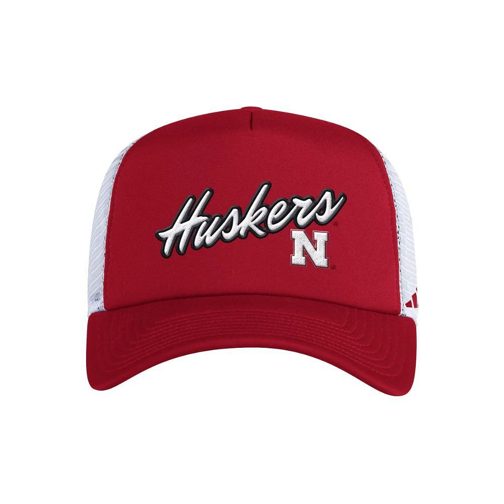 Nebraska Adidas Script Foam Trucker Hat