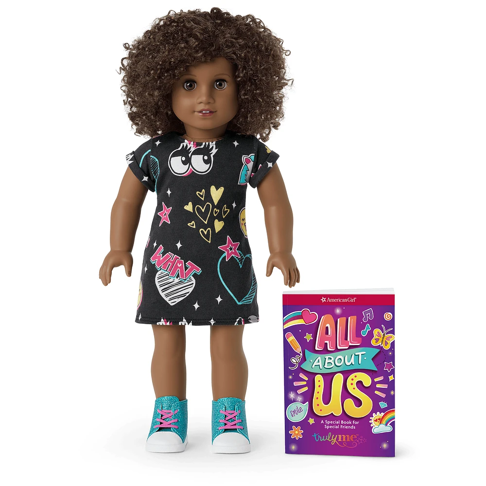 Truly Me™ 18-inch Doll #112 with short curly dark-brown hair