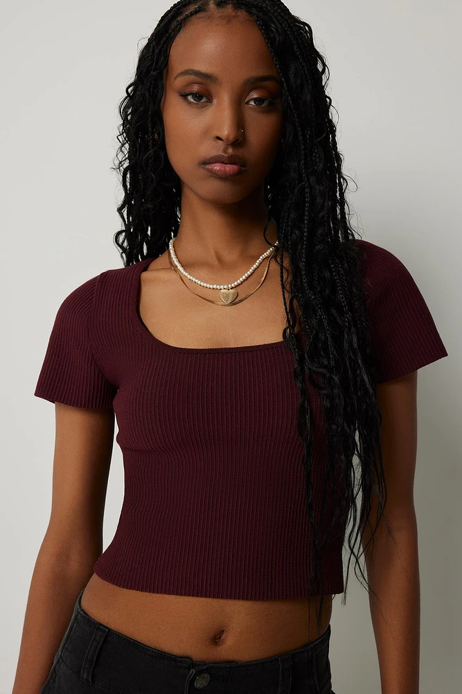 Ardene Shape Knit Crop Square Neck T-Shirt in | Size | Nylon/Elastane