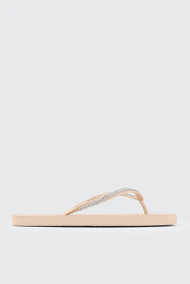 Ardene Rhinestone Strap Flip-Flops Sandals in Beige | Size | Eco-Conscious