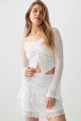 Ardene Ruched Front Off Shoulder Lace Top in White | Size | Polyester/Elastane/Polyamide