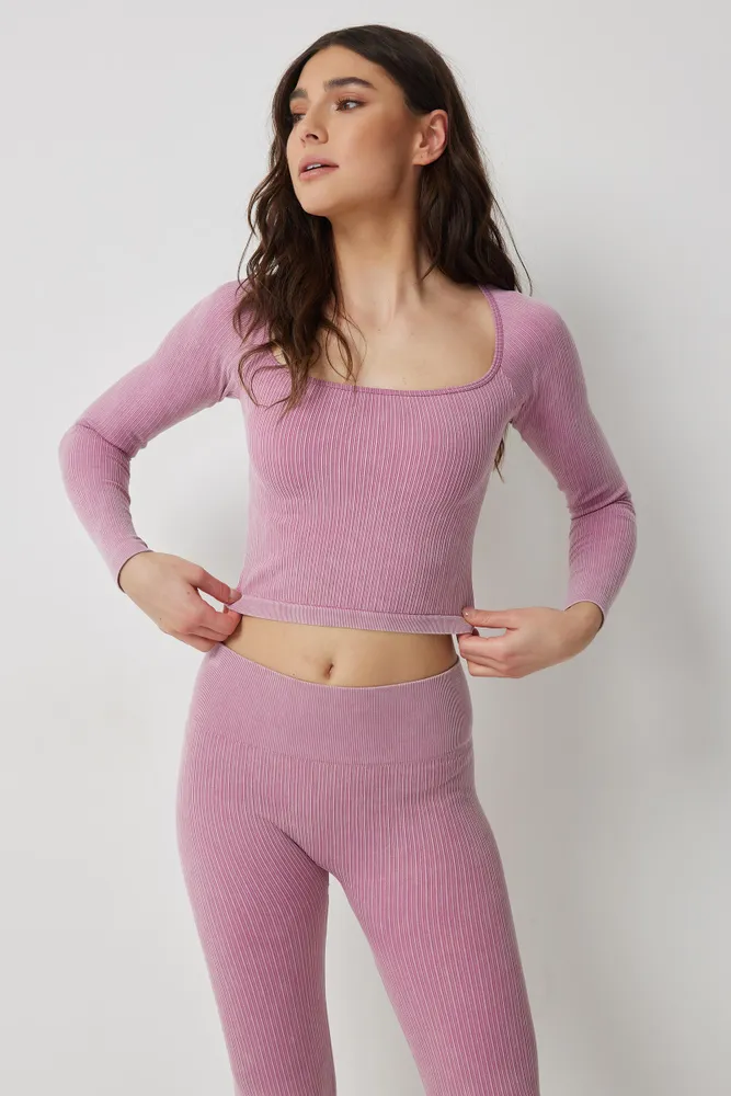 Ardene Seamless Ribbed Long Sleeve T-shirt in Medium Pink | Size Medium | Elastane/Polyamide
