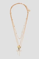 Ardene 3-Row Heart & Bow Necklace in Gold