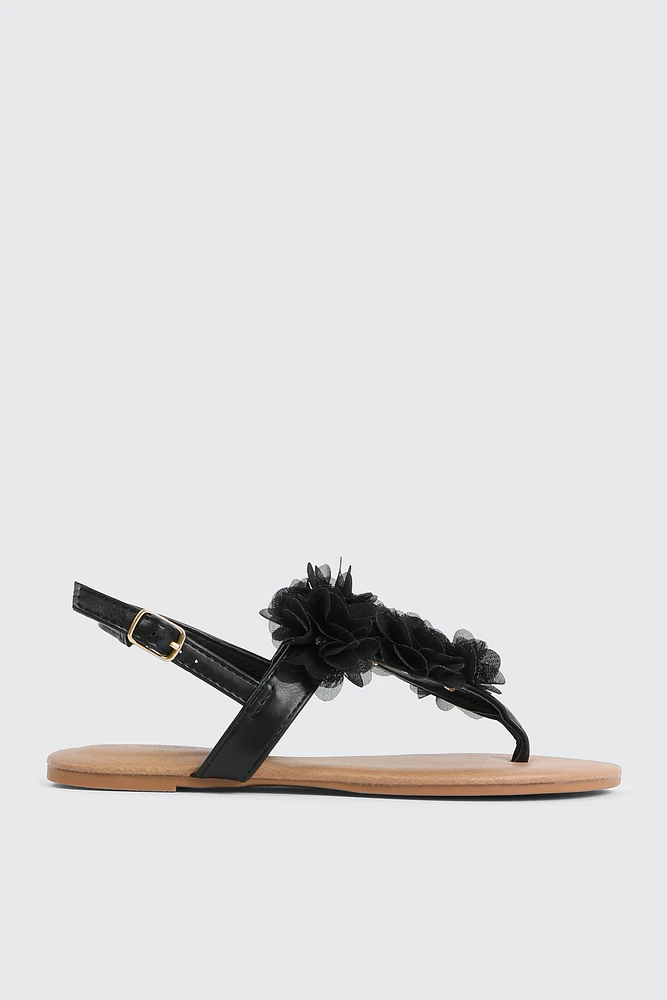 Ardene 3D Floral V Strap Sandals in Black | Size | Faux Leather