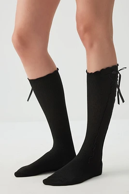 Ardene Lettuce Edge Knee High Socks with Bow in Black | Polyester