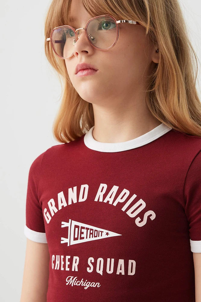 Ardene Kids Graphic Ringer T-Shirt in Burgundy | Size | Cotton/Elastane
