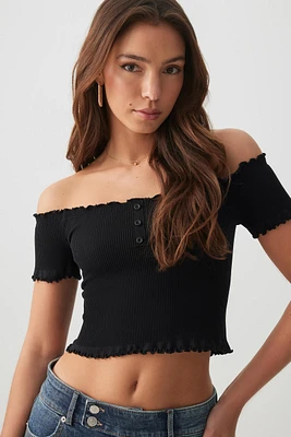 Ardene Crop Off Shoulder Henley Top in Black | Size Small | Nylon/Elastane