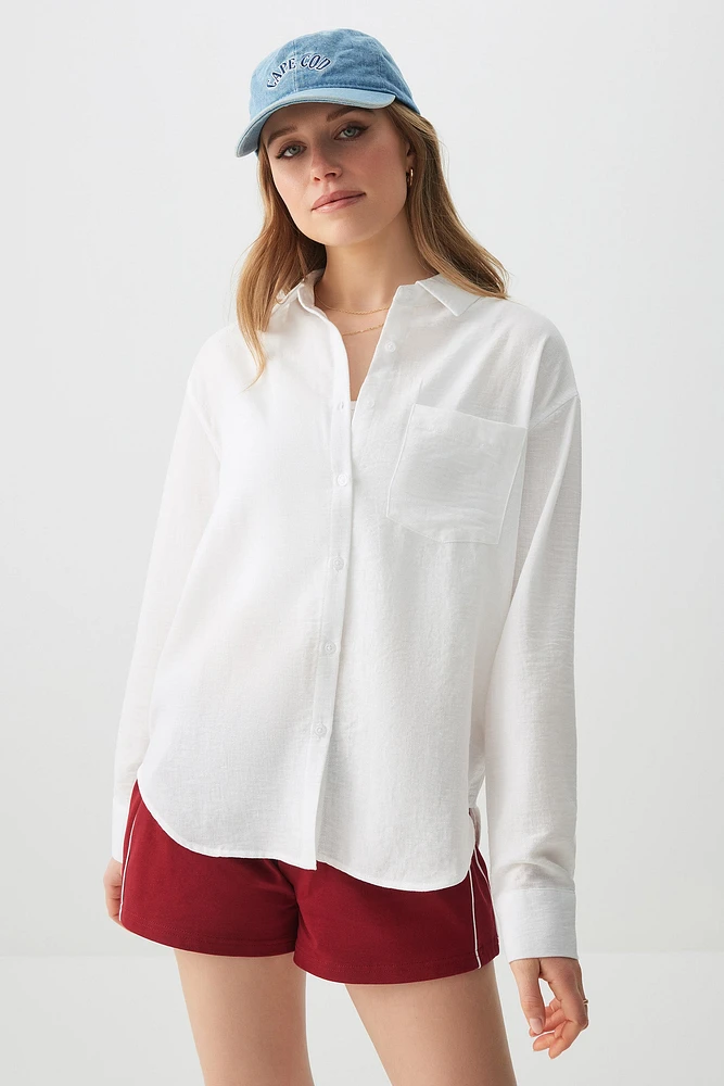 Ardene Boxy Button Up Shirt in White | Size Large | Polyester