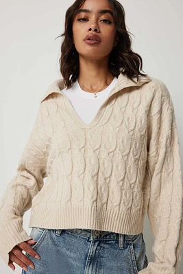 Ardene Cable Knit Johnny Collar Sweater in Beige | Size Large | Polyester | Eco-Conscious