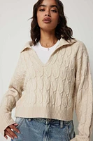 Ardene Cable Knit Johnny Collar Sweater in Beige | Size Large | Polyester | Eco-Conscious