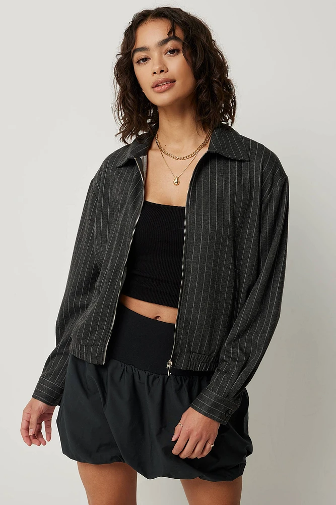Ardene Striped Collared Jacket in Dark Grey | Size Large | Polyester/Rayon/Spandex