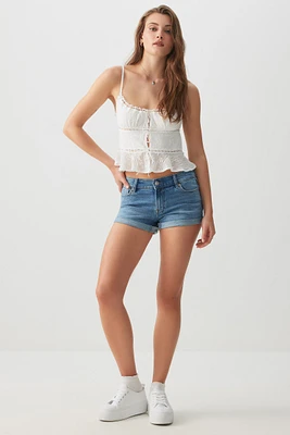Ardene Low Rise Denim Short Shorts in Medium Blue | Size | Cotton/Elastane