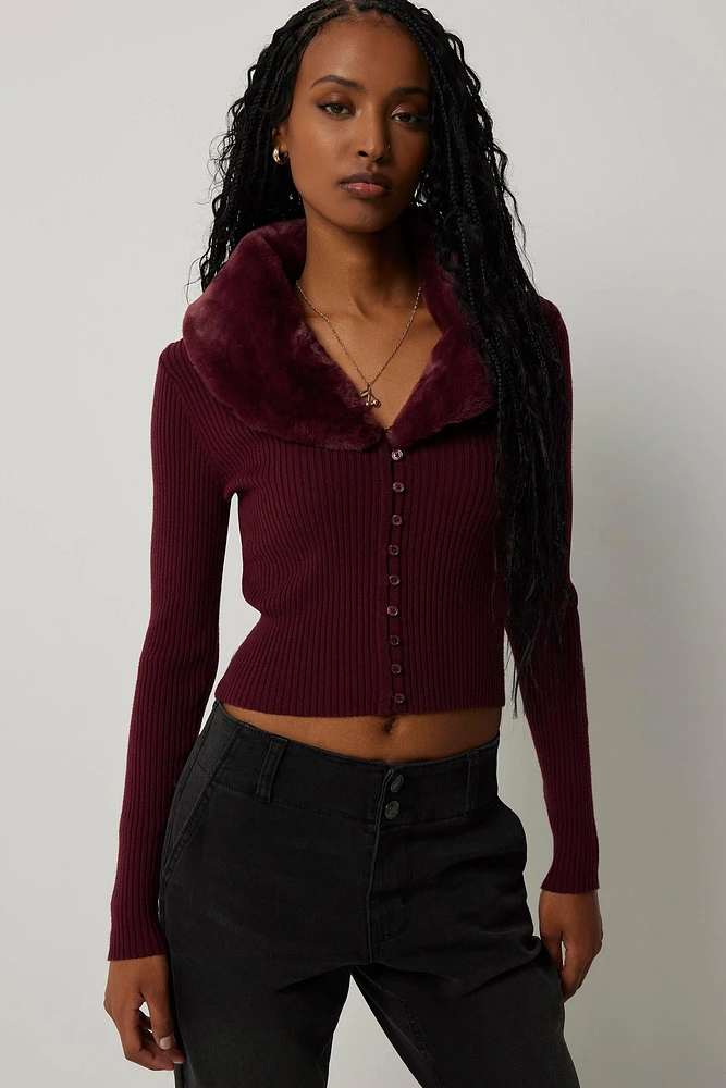 Ardene Faux Fur Collar Crop Cardigan in Burgundy | Size Small | Polyester/Nylon/Viscose