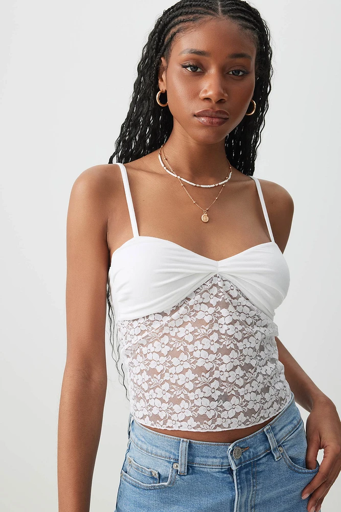Ardene Lace & Jersey Tank Top in White | Size | Rayon/Elastane