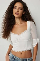 Ardene 3/4 Sleeve Mesh Bustier Top in White | Size Large | Polyester/Elastane