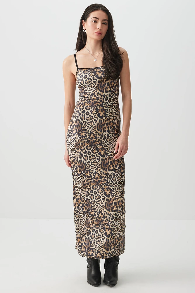 Ardene Leopard Slinky Maxi Dress in Brown | Size XS | Polyester/Spandex