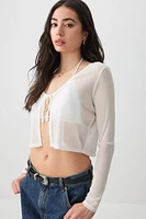 Ardene Tie Front Mesh Cardigan in White | Size | Polyester/Elastane