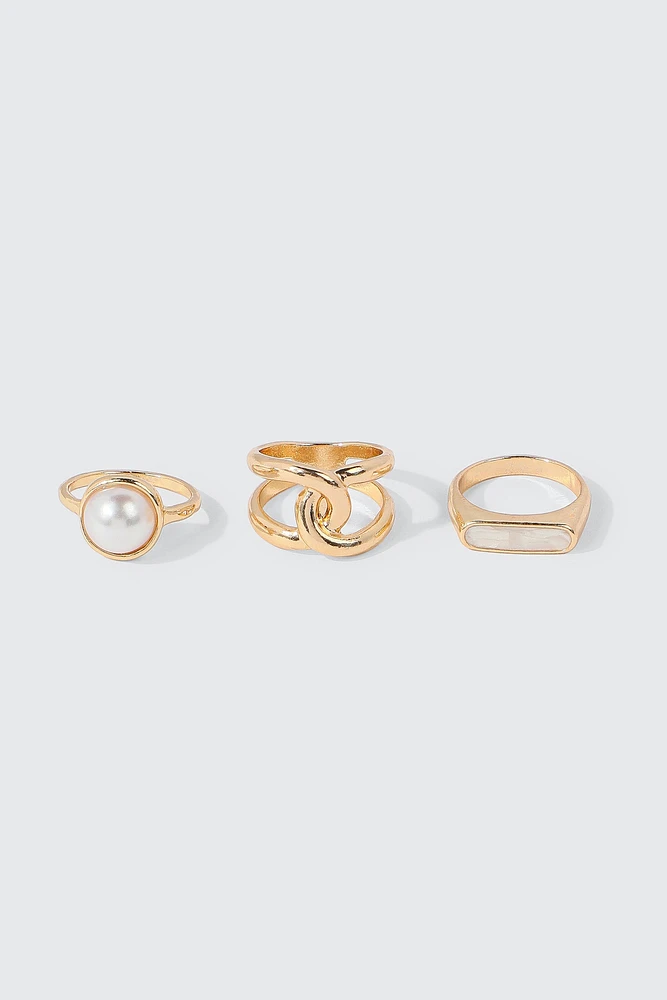 Ardene 3-Pack Faux Pearl Rings in Gold | Size