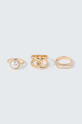 Ardene 3-Pack Faux Pearl Rings in Gold | Size