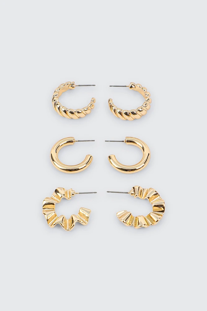 Ardene 3-Pack of Textured Hoops in Gold | Stainless Steel