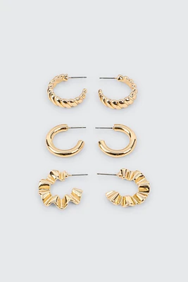 Ardene 3-Pack of Textured Hoops in Gold | Stainless Steel