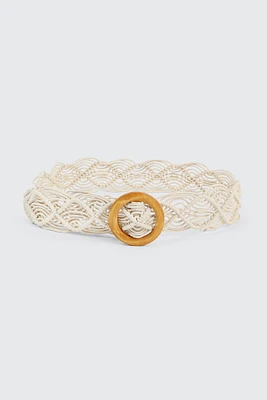 Ardene Braided Belt with Wooden Buckle in White | Size Small | Polyester