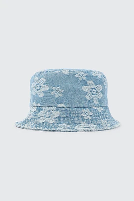 Ardene Floral Denim Bucket Hat in Medium Blue | 100% Cotton