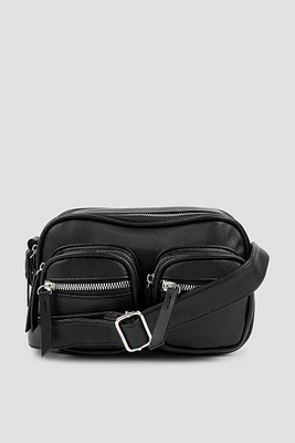 Ardene Multi Pocket Crossbody Bag in Black | Faux Leather/Polyester