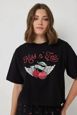 Ardene Graphic Boxy PJ Tee in Black | Size Small | Cotton | Eco-Conscious | 100% Recycled