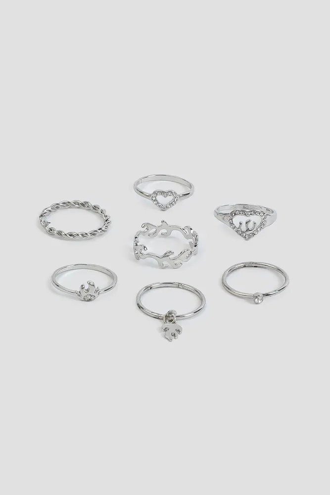 Ardene 7-Pack Flame & Heart Rings in Silver | Size Small