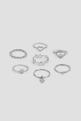 Ardene 7-Pack Flame & Heart Rings in Silver | Size Small