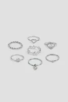 Ardene 7-Pack Flame & Heart Rings in Silver | Size Small