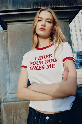 Ardene Ringer T-Shirt with Lettering in White | Size XS | 100% Cotton