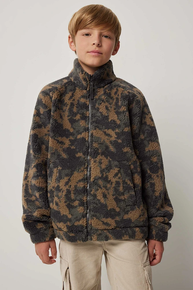 Ardene Kids Sherpa Jacket in Dark Green | Size Large | Polyester
