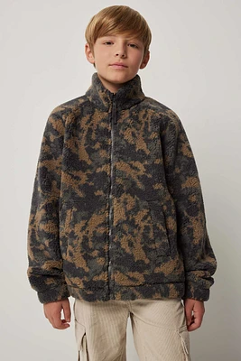 Ardene Kids Sherpa Jacket in Dark Green | Size Large | Polyester