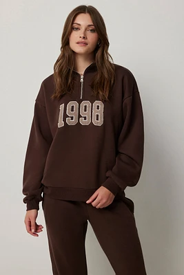 Ardene Half Zip Sweatshirt with Patch Detail in Brown | Size XL | Polyester/Cotton | Fleece-Lined