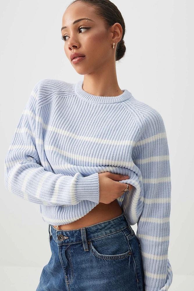 Ardene Striped Raglan Sweater in Light Blue | Size Small | Cotton