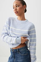 Ardene Striped Raglan Sweater in Light Blue | Size Small | Cotton