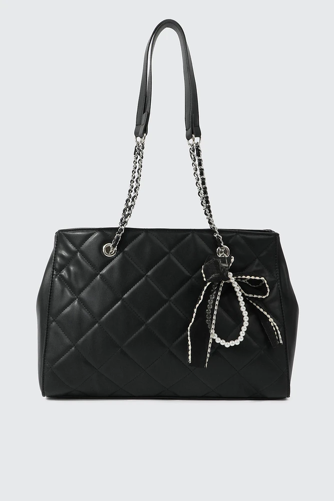 Ardene Topstitched Tote Bag with Charm in Black | 100% Recycled Polyester | Eco-Conscious