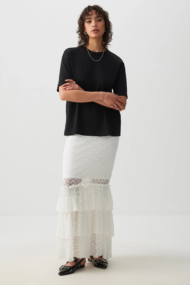 Ardene Lace Tiered Midi Skirt in White | Size | Nylon/Spandex